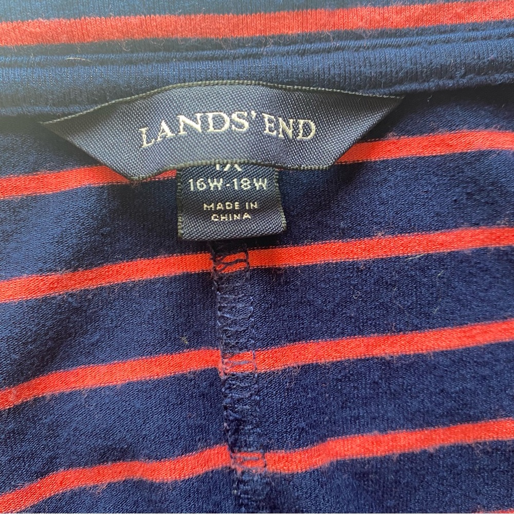 Lands’ End Navy & Coral Striped V-Neck Cinched Stretch Waist Midi Dress Plus 1X - Picture 7 of 9